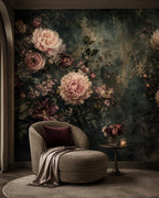 Close-up texture of aged green botanical wallpaper showing layered peony petals and leaf detail