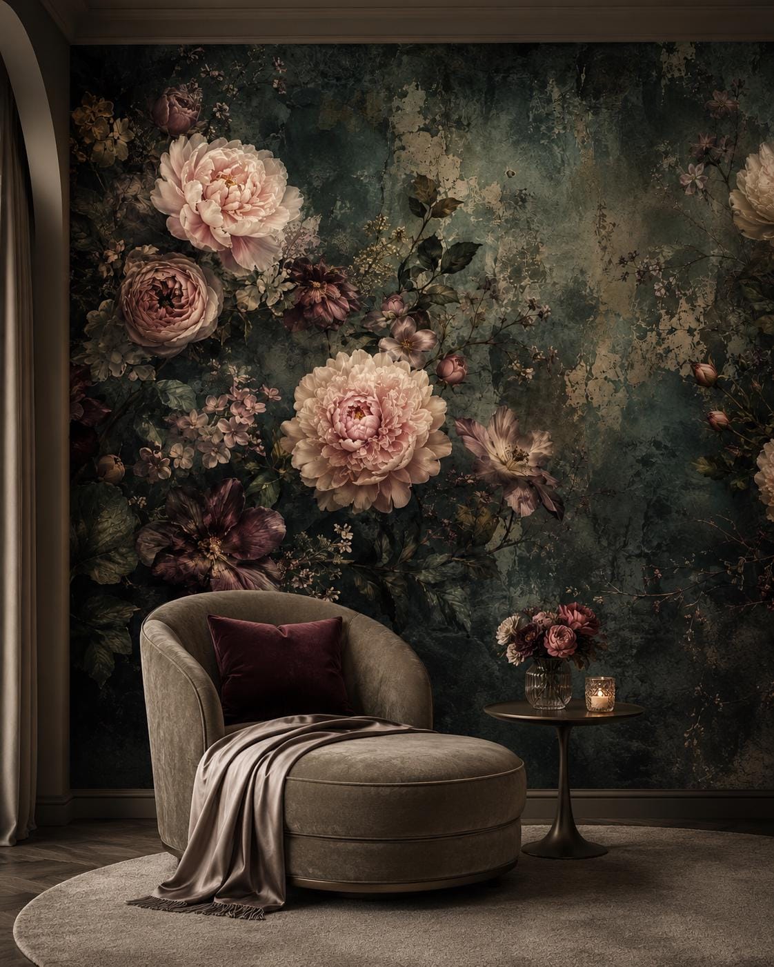 Close-up texture of aged green botanical wallpaper showing layered peony petals and leaf detail