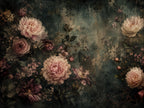 Moody peony wallpaper with burgundy floral clusters and vintage botanical detail on a dark green background