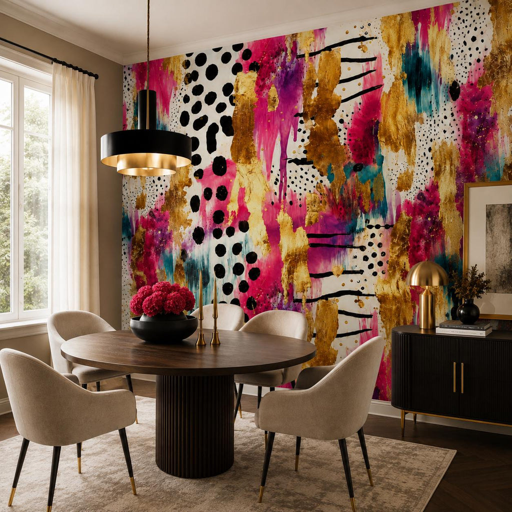 Close-up texture of colorful maximalist wallpaper with layered teal gold and pink paint stroke details