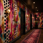Bold brushstroke wallpaper installed in a living room creating a dramatic pink gold statement wall