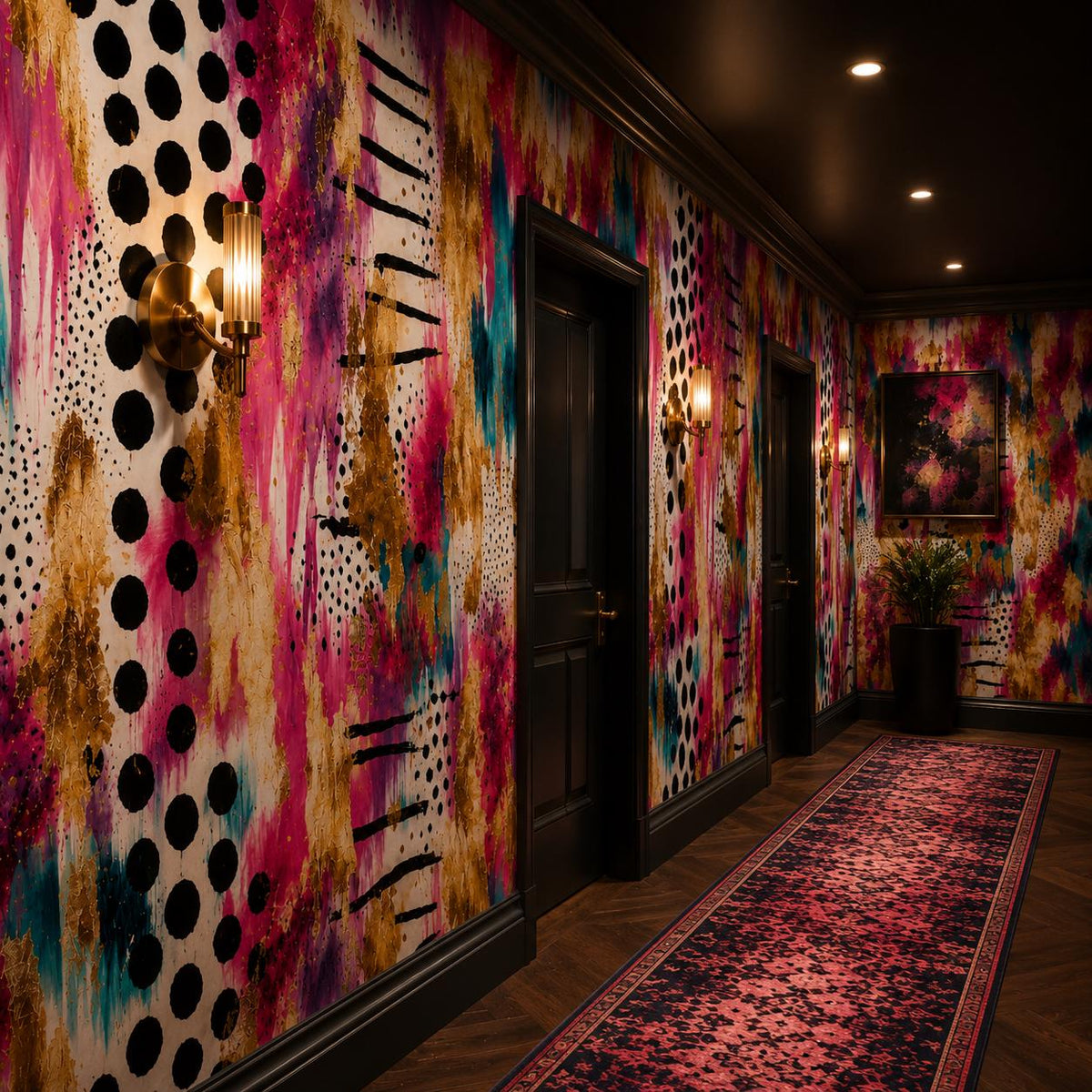 Bold brushstroke wallpaper installed in a living room creating a dramatic pink gold statement wall