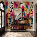 Removable abstract wallpaper in teal and gold displayed in a styled bedroom as a luxury wall mural