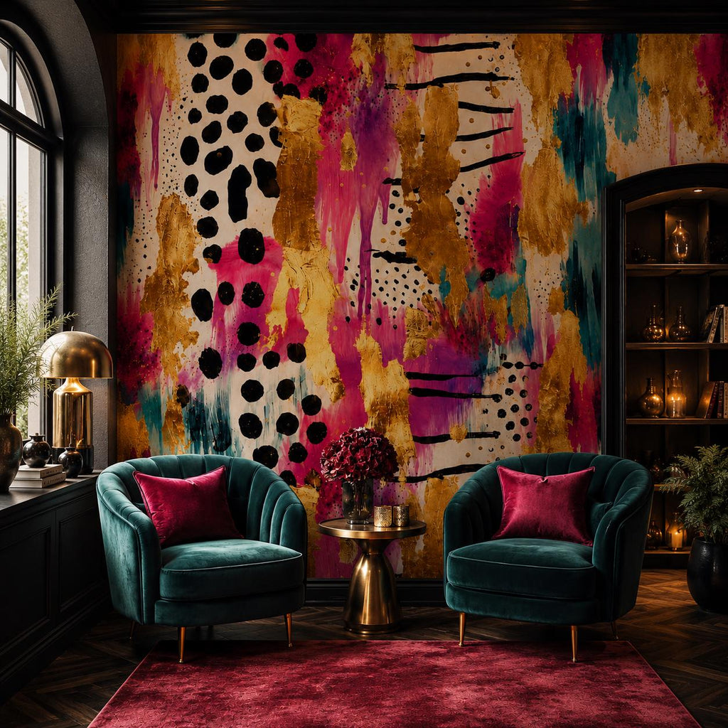 Detail shot of pink gold teal abstract wallpaper showing rich color depth and expressive brushstroke pattern