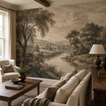 Vintage landscape wallpaper featuring an etched river wall mural in warm sepia tones for english country decor