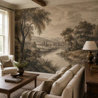 Vintage landscape wallpaper featuring an etched river wall mural in warm sepia tones for english country decor