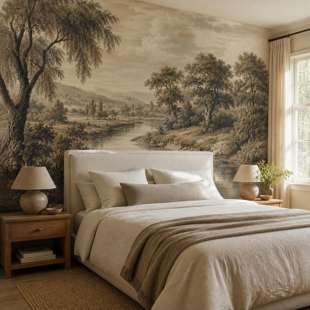 Peel and stick scenic wallpaper with antique etched landscape design in neutral sepia for traditional interiors