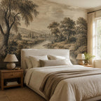 Peel and stick scenic wallpaper with antique etched landscape design in neutral sepia for traditional interiors
