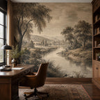 English country wall mural installed in a living room bringing quiet luxury vintage landscape style to the space