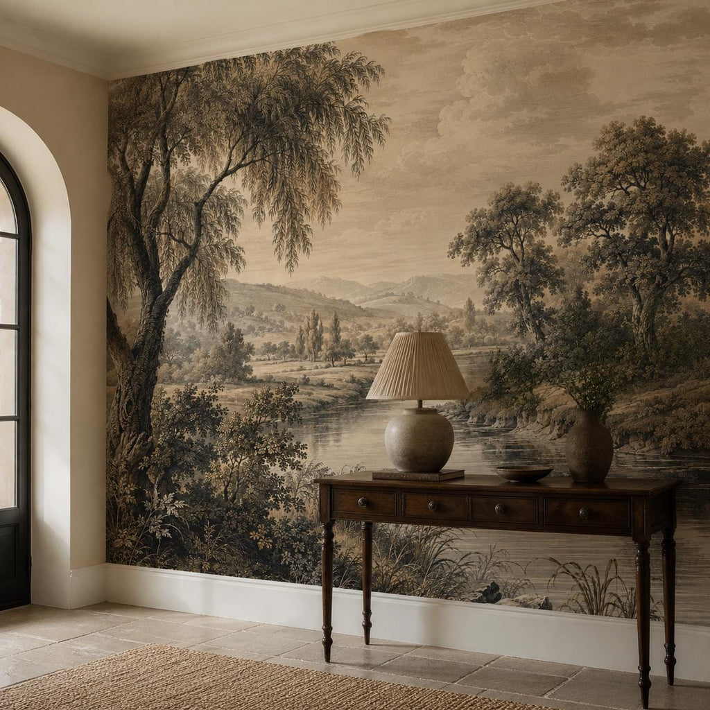 Etched river wall mural panel displayed against a white wall highlighting the antique sepia wallpaper pattern