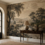 Etched river wall mural panel displayed against a white wall highlighting the antique sepia wallpaper pattern