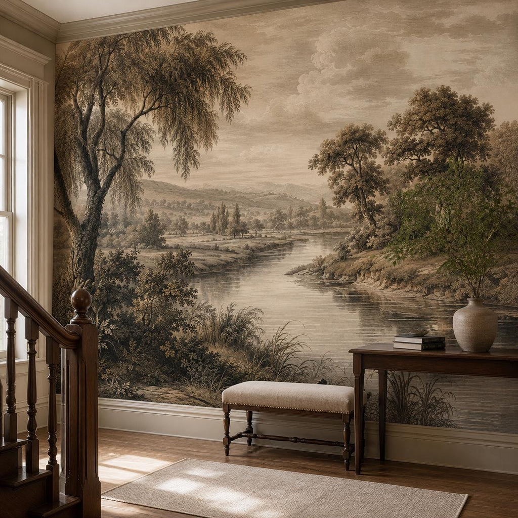 Hallway decorated with neutral wall mural of etched river scene in traditional english country pastoral style