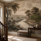 Hallway decorated with neutral wall mural of etched river scene in traditional english country pastoral style