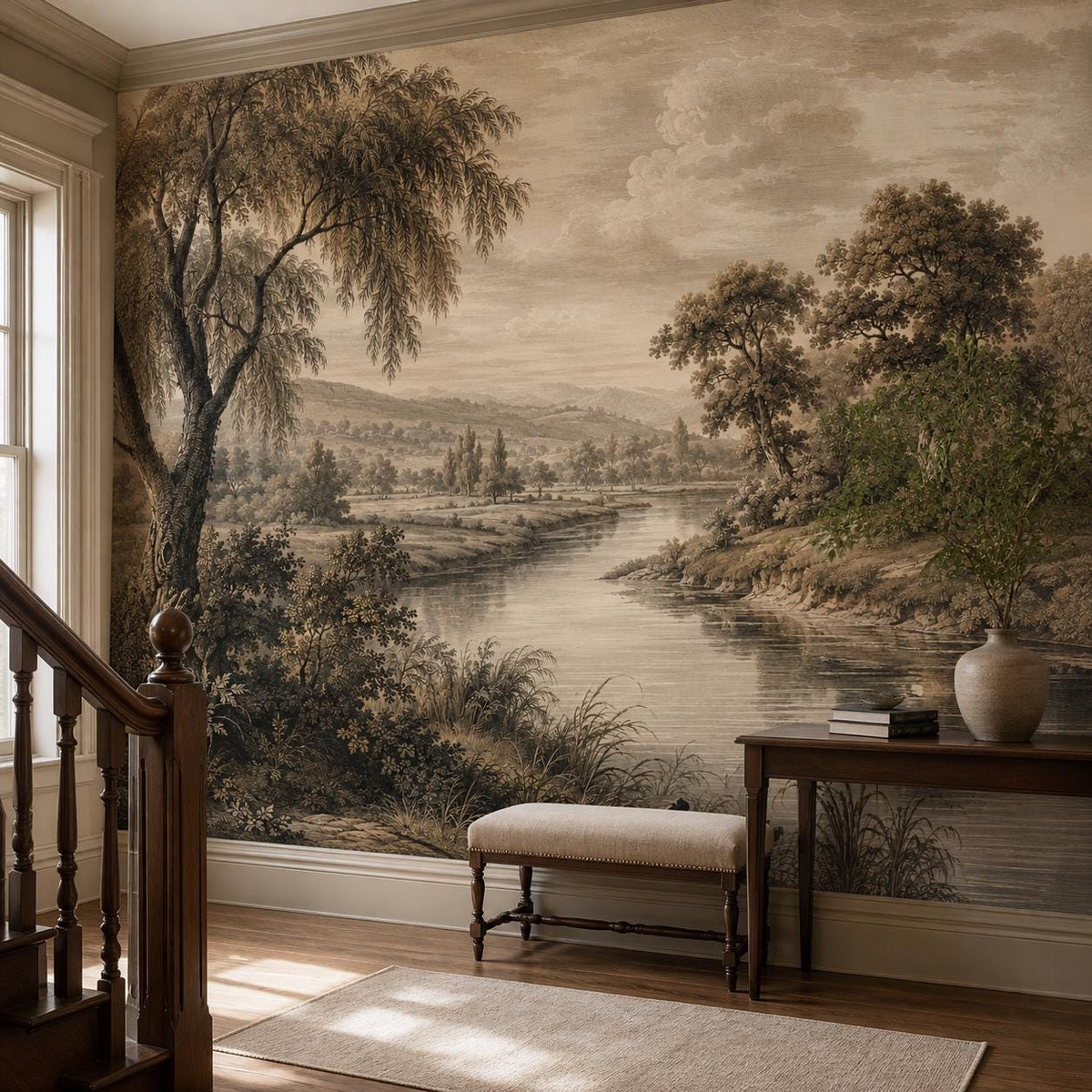 Hallway decorated with neutral wall mural of etched river scene in traditional english country pastoral style