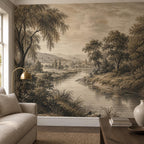 Size and scale chart for vintage landscape peel and stick wallpaper panels with measurements and repeat details