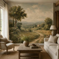 French country wallpaper featuring a romantic pastoral landscape with rolling meadows, wildflowers, and a vintage European cottage