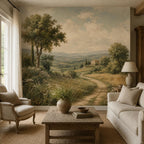 French country wallpaper featuring a romantic pastoral landscape with rolling meadows, wildflowers, and a vintage European cottage
