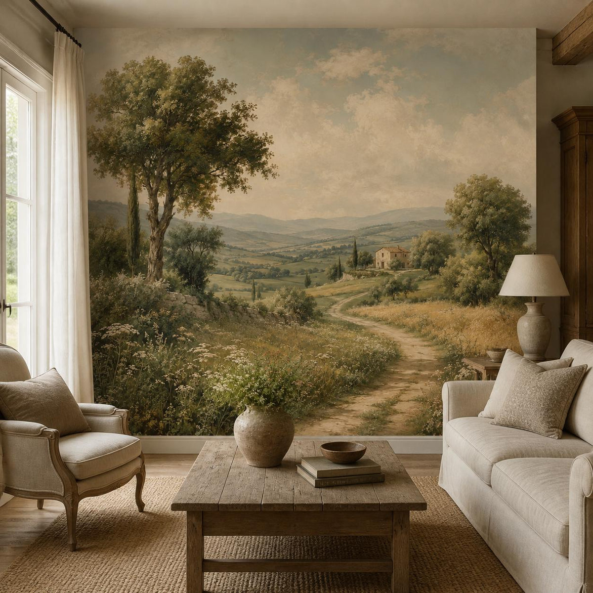 French country wallpaper featuring a romantic pastoral landscape with rolling meadows, wildflowers, and a vintage European cottage