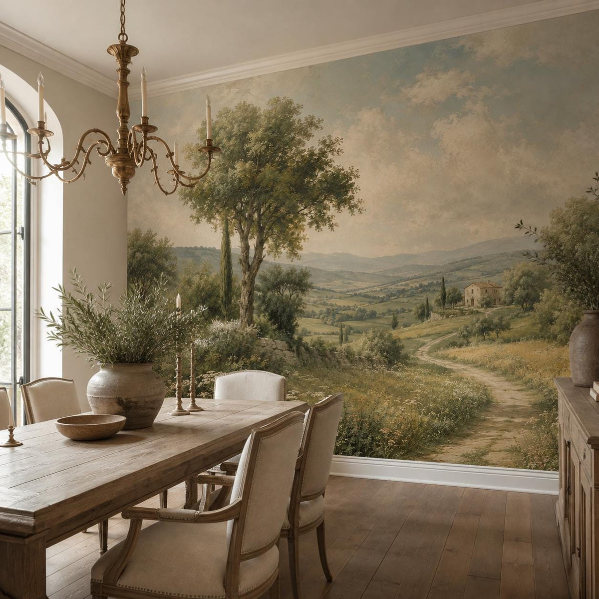 Close-up of french wallpaper texture revealing detailed vintage pastoral illustration with delicate brushstroke linework