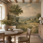Romantic countryside wall mural installed in a cozy bedroom with rustic farmhouse decor and warm natural lighting