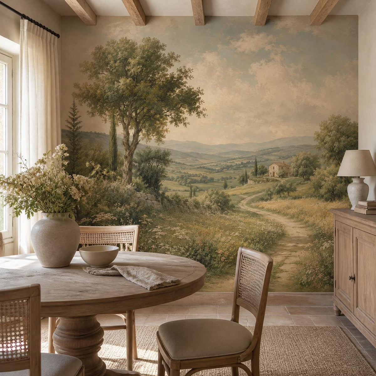 Romantic countryside wall mural installed in a cozy bedroom with rustic farmhouse decor and warm natural lighting