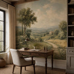 Full width view of romantic mural with expansive french countryside scene including distant village and pastoral fields