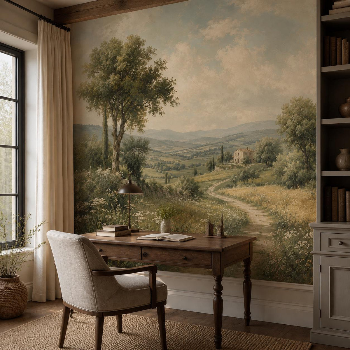 Full width view of romantic mural with expansive french countryside scene including distant village and pastoral fields