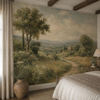 Single panel close-up of vintage landscape wallpaper showing pastel skies, lush meadows, and quiet rural scenery