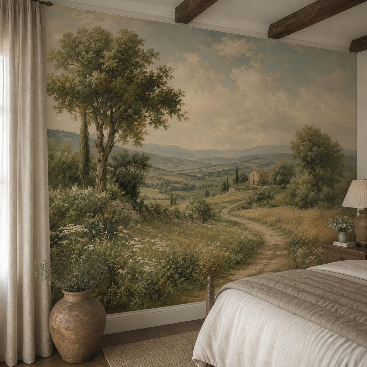 Single panel close-up of vintage landscape wallpaper showing pastel skies, lush meadows, and quiet rural scenery