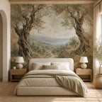 Italian countryside wall mural with olive grove scenery and aged fresco texture in warm neutral hues