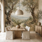 Close-up of olive tree mural showing delicate branches and leaves in an organic old world fresco style
