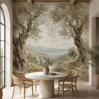 Tuscan wall decor mural panel displayed in a bright living room with linen furniture and natural light