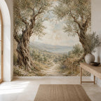 Mediterranean landscape wallpaper in a dining room setting with earthy tones and rustic wooden accents