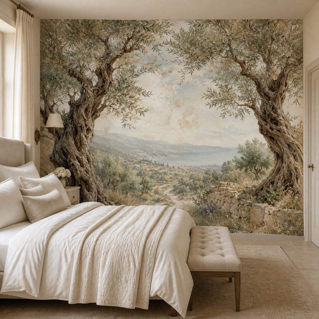 Nature wallpaper detail showing soft olive grove foliage texture with a hand-painted fresco finish