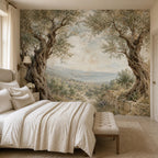 Nature wallpaper detail showing soft olive grove foliage texture with a hand-painted fresco finish