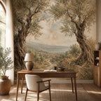Full wall view of mediterranean landscape mural spanning floor to ceiling in a minimal coastal style home