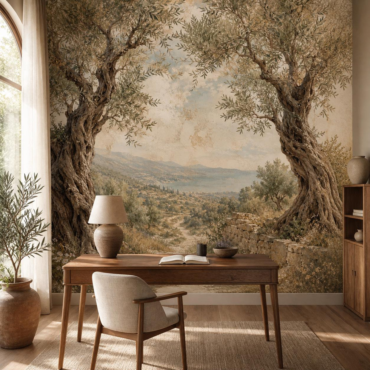 Full wall view of mediterranean landscape mural spanning floor to ceiling in a minimal coastal style home