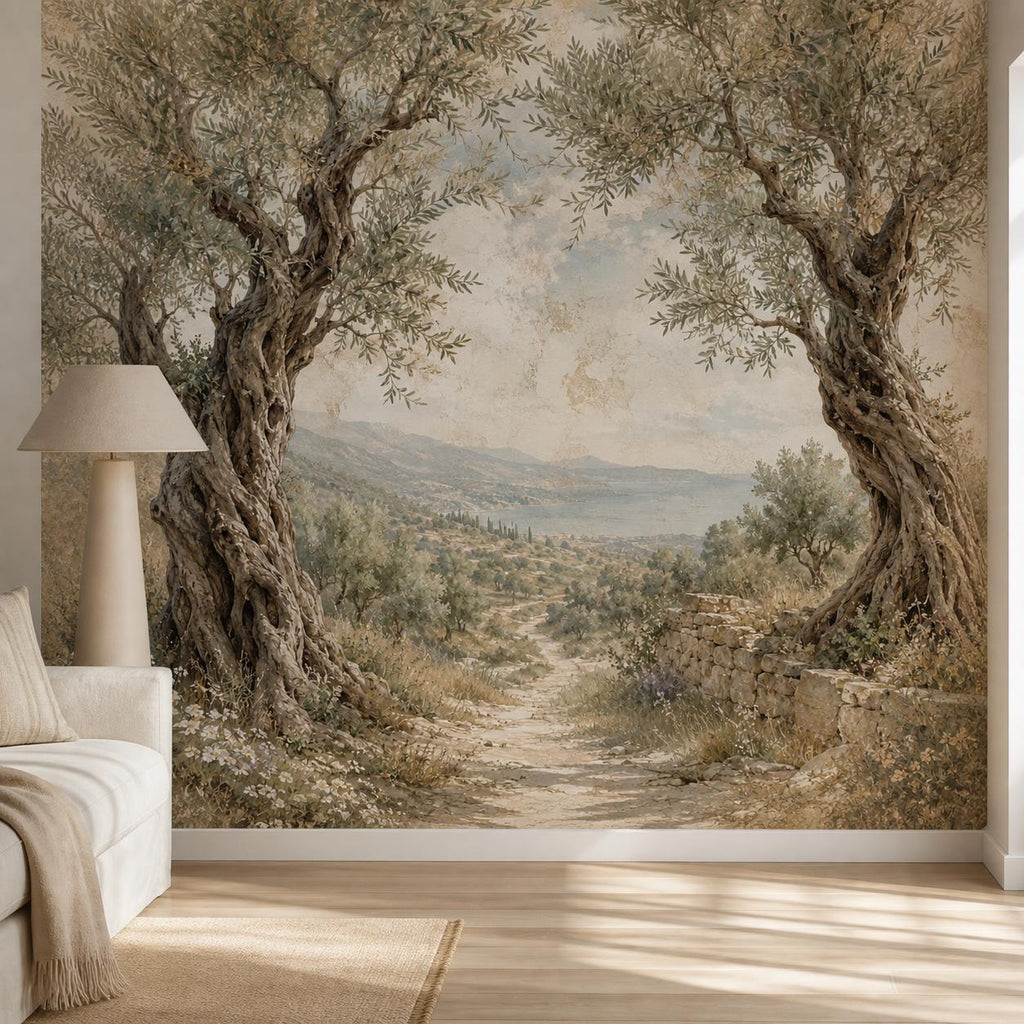 Size and scale chart for olive tree wallpaper showing panel dimensions and repeat pattern measurements