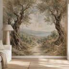 Size and scale chart for olive tree wallpaper showing panel dimensions and repeat pattern measurements
