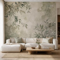 Sage green botanical branch wallpaper with soft neutral tones perfect for a japandi or organic modern living room