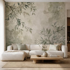 Sage green botanical branch wallpaper with soft neutral tones perfect for a japandi or organic modern living room