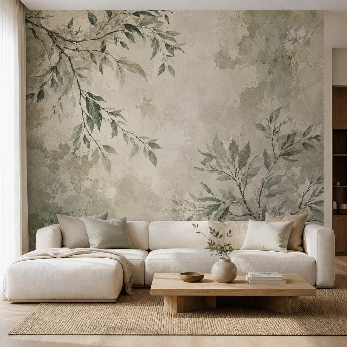 Sage green botanical branch wallpaper with soft neutral tones perfect for a japandi or organic modern living room