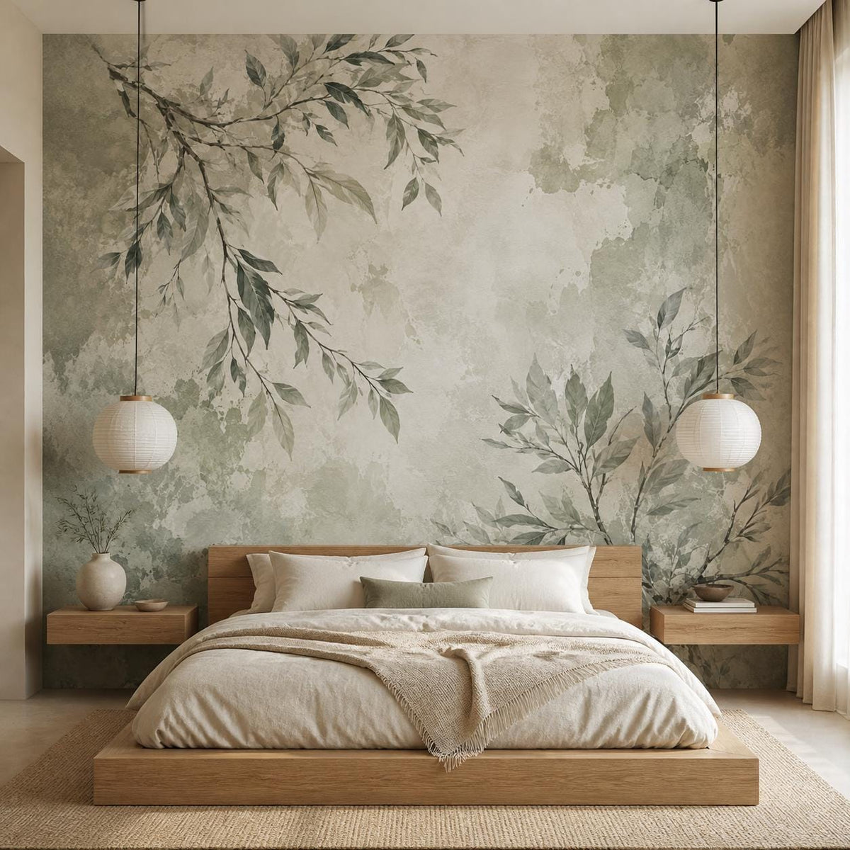 Peel and stick sage green wall mural featuring delicate branches and leaves in a calming minimalist style