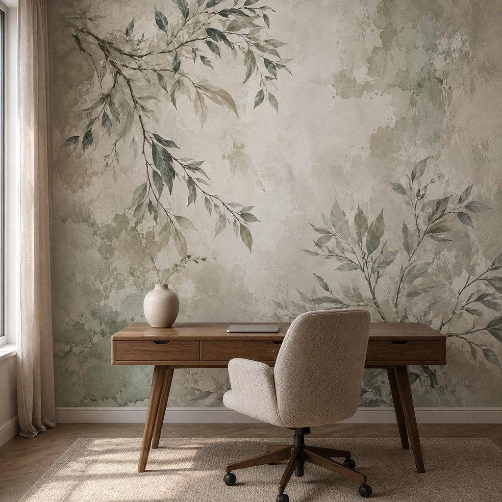 Neutral japandi wallpaper with flowing branch pattern installed in a bright Scandinavian style bedroom