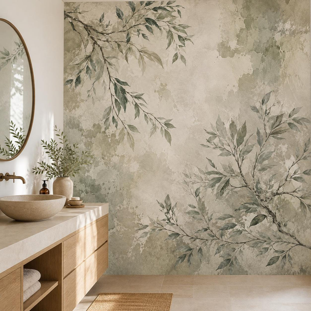 Full wall view of green botanical mural with plaster-like texture and soft organic branch pattern throughout