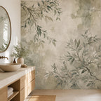 Full wall view of green botanical mural with plaster-like texture and soft organic branch pattern throughout