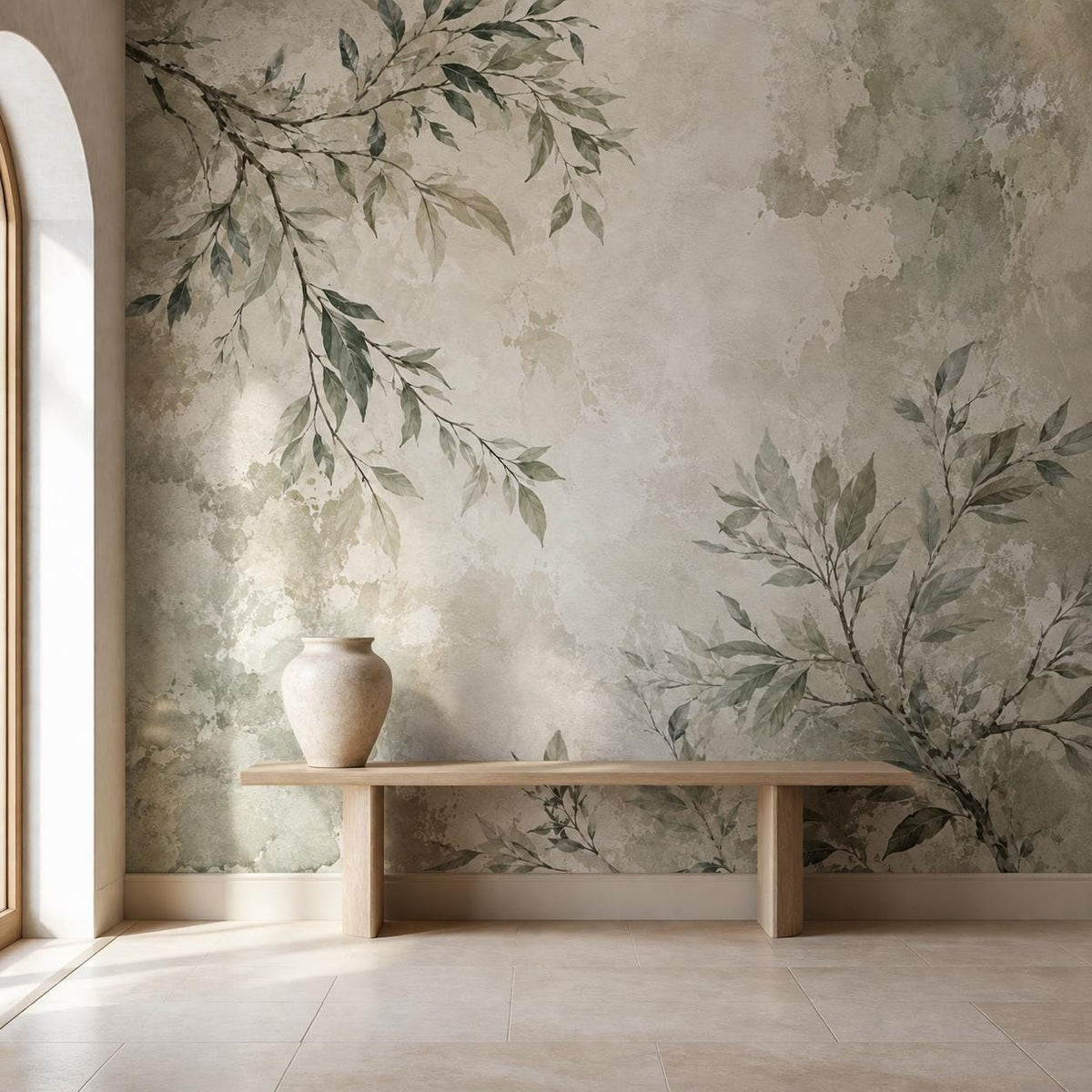 Japandi wallpaper panel close-up highlighting neutral sage tones and delicate nature wall mural leaf design