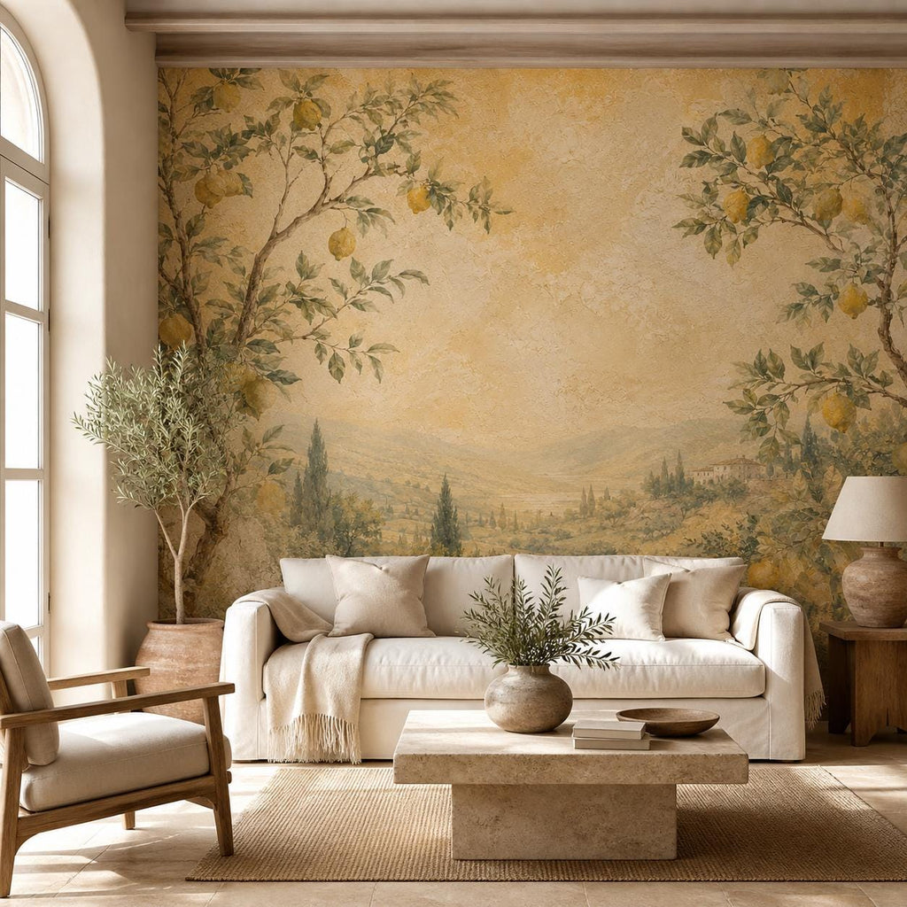 Peel and stick lemon tree mural on a kitchen backsplash wall with natural light and rustic Mediterranean decor