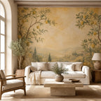 Peel and stick lemon tree mural on a kitchen backsplash wall with natural light and rustic Mediterranean decor