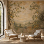 Lemon tree botanical mural in a cozy dining room setting with warm lighting and Mediterranean style furniture